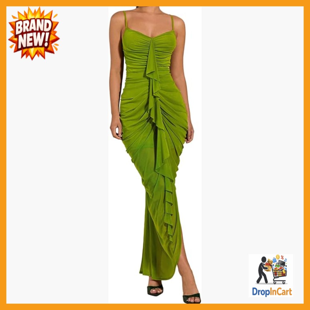 Elegant Mesh Bodycon Maxi Dress Ruffle Ruched Wedding Guest Party